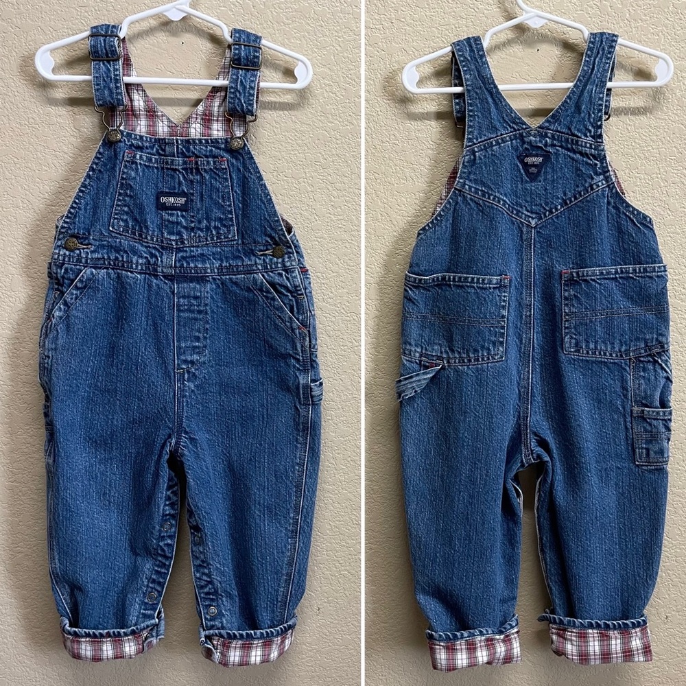💥2/$20💥 OSHKOSH Denim Overalls Plaid Lined size 24m Blue EUC